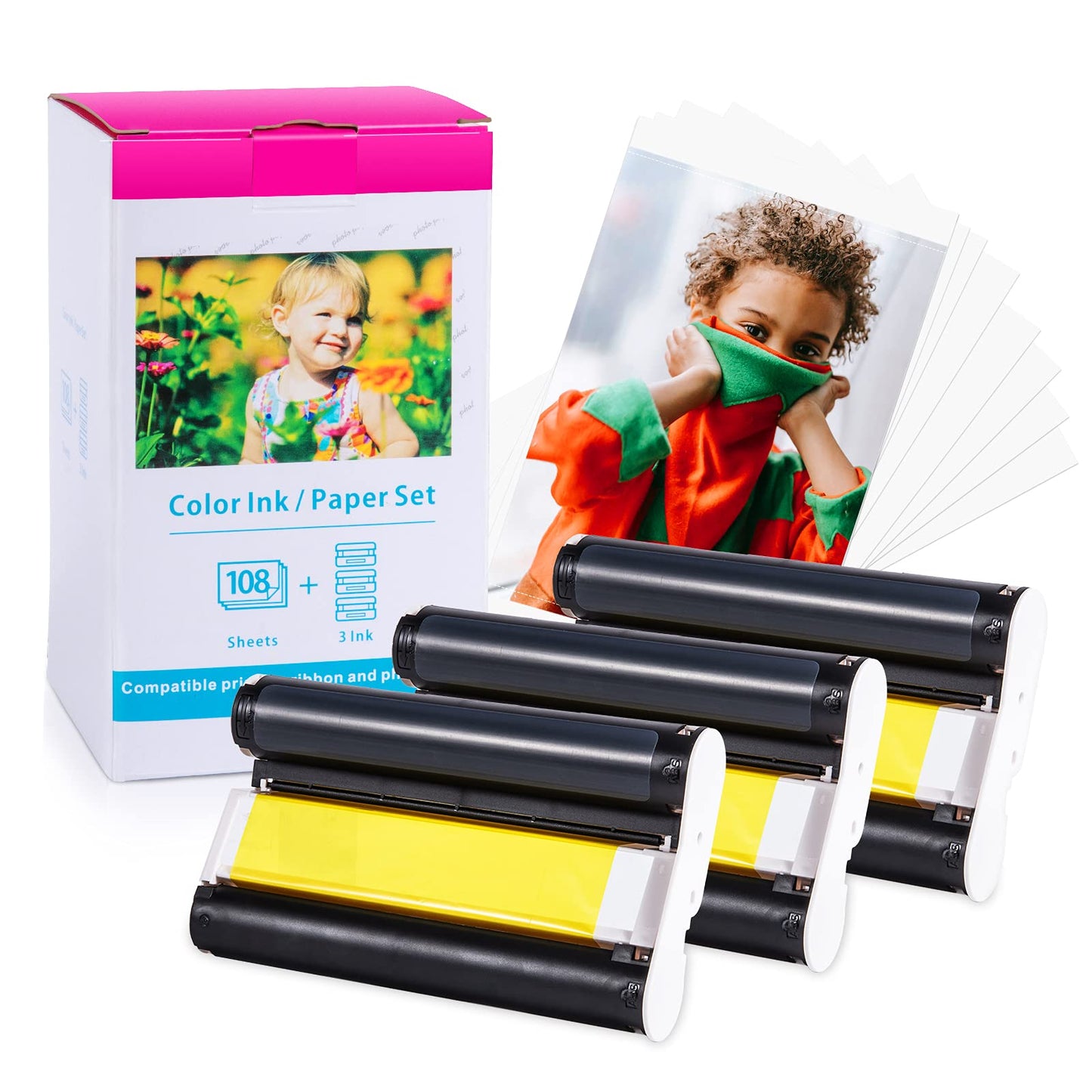 Replace Canon Selphy CP1300 Paper and Ink KP-108IN Glossy Photo Paper for Canon Selphy CP1500 CP1200 CP1000 CP910 CP800 CP790 Photo Printer, 108 Sheets 4 x 6 Photo Paper + 3 Color Ink Cartridge