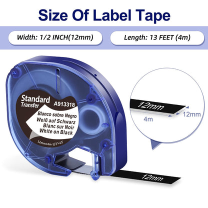 Label KINGDOM Black Tape Compatible with Dymo Letratag Refills 12mm Plastic Tape Refills for Dymo Label Maker Letra Tag LT-100H LT-100T LT 200B QX50, 5 Pack