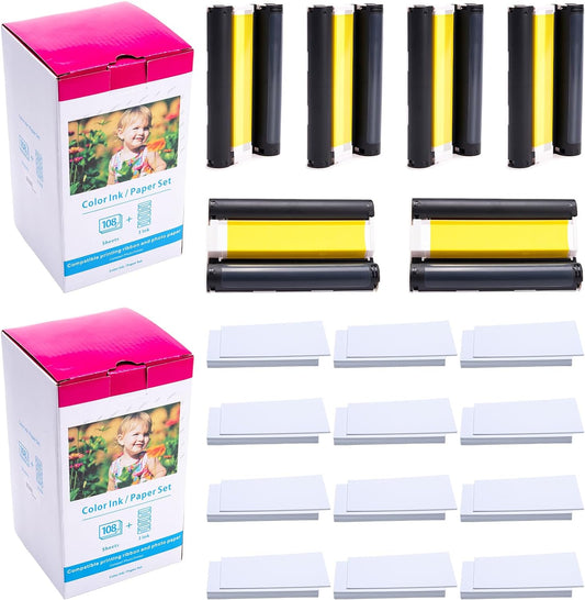 2 Pack Compatible with Canon Selphy CP1300 Ink and Paper, KP-108IN 6 Color Ink Cassette and 216 Sheets 4x6 Photo Paper Glossy for Selphy CP1500, CP1200, CP910, CP910, CP900,CP800 Photo Printer
