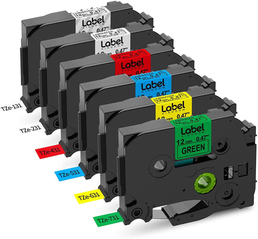 Label KINGDOM Compatible Labels Replacement for Brother P-Touch TZe Label Tape 12mm 0.47 Inch Laminated (Black on White/Clear/Red/Blue/Yellow/Green) for PTouch PT D210 H110 D400 Label Maker, 6-Pack