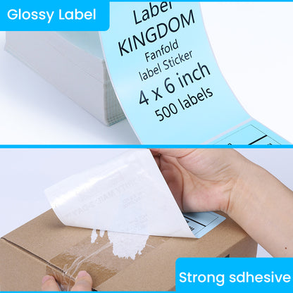 Label KINGDOM Thermal Label Printer Paper, 4"x 6" 500-Fanfold Blue Stickers for Polono, Phomemo Direct Thermal Printer for Shipping Address Label, 1 Roll