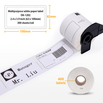 Label KINGDOM Replace for Brother DK-1202 (2-3/7" x 4") Die-Cut White Paper Shipping Label for QL 820NWB QL-700 Printer, 300 Labels 1 Roll, (4 Rolls+ 1 Frame)