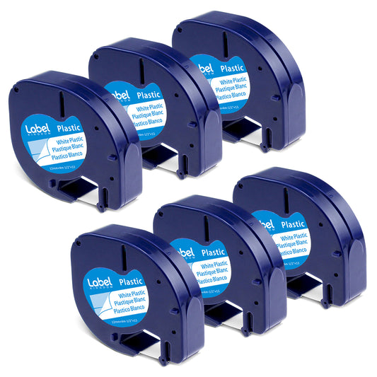 Label KINGDOM 6-Pack Compatible Label Tape Replace for DYMO 91331 LetraTag Label Maker Refills for Letra Tag Plus LT100H LT100T, 1/2" x 13'(12mm x 4m) Black Print on White Plastic Labeling Tape