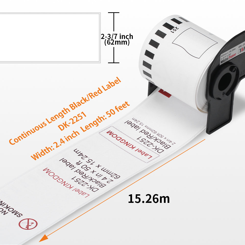 Label KINGDOM 2.4" Continuous Length Label Replace for Brother DK-2251 Black/Red on White Paper Tape, 1 Roll 50 Feet, Use with Brother QL-800, QL-810W Printer for Packing/Shipping, (10 Rolls+ 1 Frame)